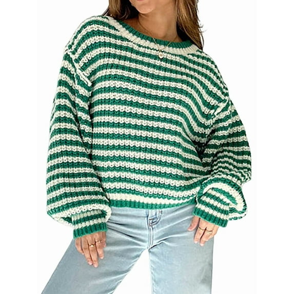 Women'S Vintage Striped Sweater Crew Neck Long Sleeve Cropped Color Block Casual Loose Knit Pullover Top Green L