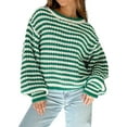 thumbnail image 1 of Women'S Vintage Striped Sweater Crew Neck Long Sleeve Cropped Color Block Casual Loose Knit Pullover Top Green XL, 1 of 9