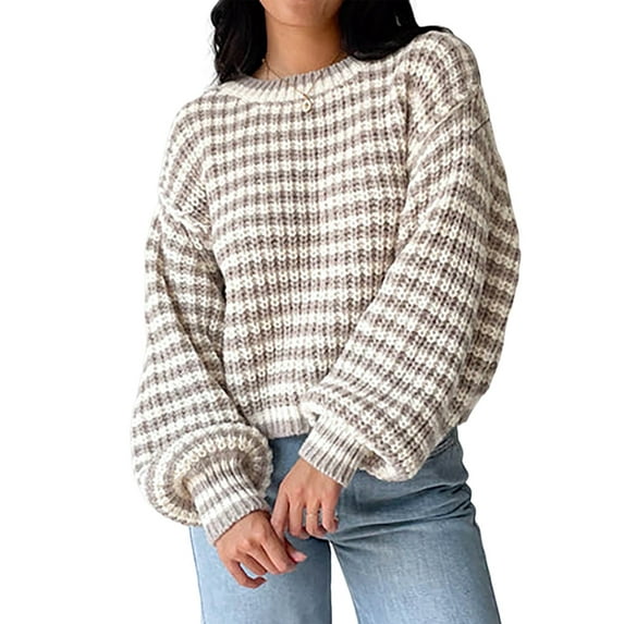 Women'S Vintage Striped Sweater Crew Neck Long Sleeve Cropped Color Block Casual Loose Knit Pullover Top Khaki L