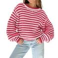 thumbnail image 1 of Women'S Vintage Striped Sweater Crew Neck Long Sleeve Cropped Color Block Casual Loose Knit Pullover Top Red M, 1 of 7