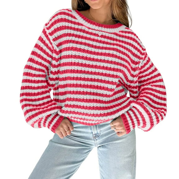Women'S Vintage Striped Sweater Crew Neck Long Sleeve Cropped Color Block Casual Loose Knit Pullover Top Red M