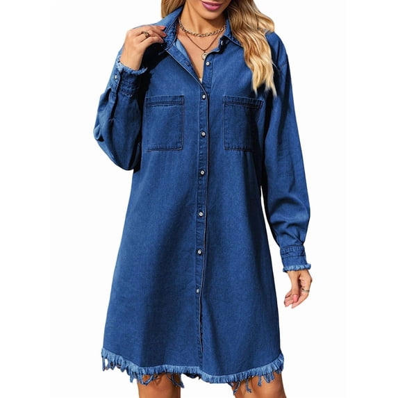 Women'S Vintage Washed Denim Loose Casual Long Sleeve Raw Edge Dress Dark Blue XL