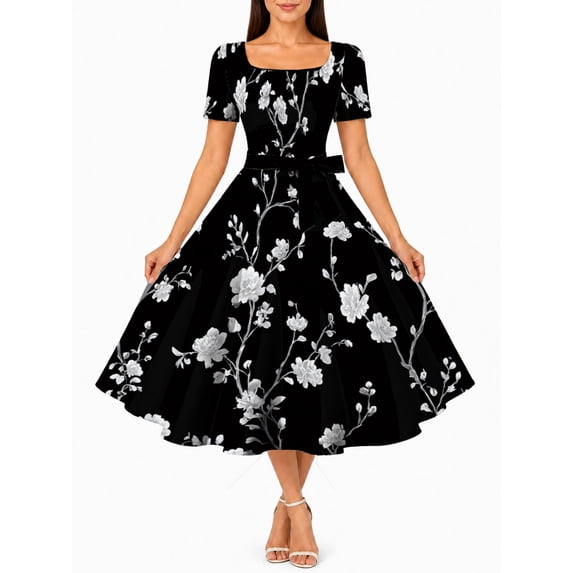 Women'S Vintage Wildflower Dress Square Neck Short Sleeve Fit And Flare Vintage Swing Midi Dress