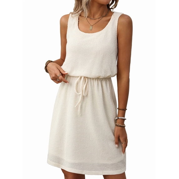 Women'S Waffle Knit Belted Tank High Waisted Dresses Square Neck Sleeveless Summer Short Dress S