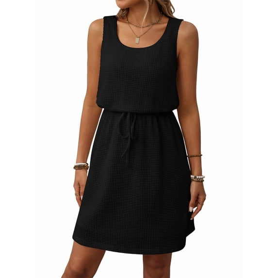 Women'S Waffle Knit Belted Tank High Waisted Dresses Square Neck Sleeveless Summer Short Dress
