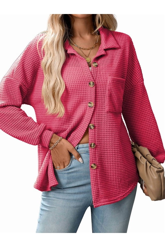 Women'S Waffle Knit Button Down Shirts Casual Long Sleeve Shacket Jacket Boyfriend Tops Blouses Loose Fit