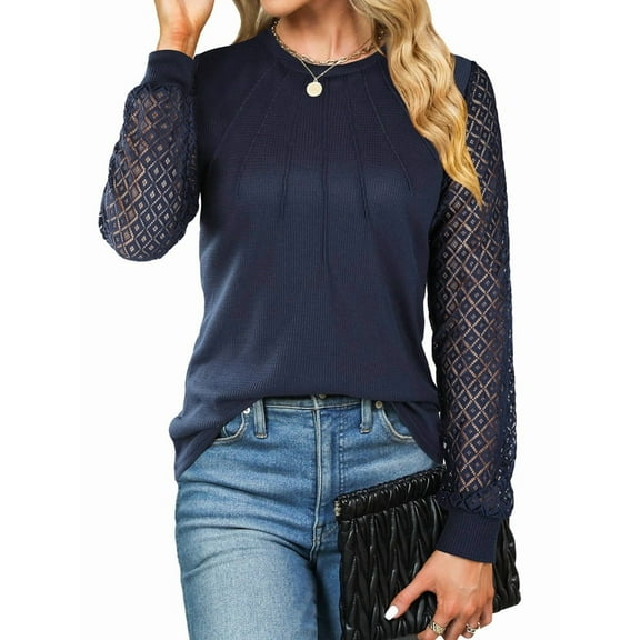 Women'S Waffle Knit Tops Dressy Business Casual Blouses Lace Long Sleeve Work Shirts Fall Clothes Navy Blue M