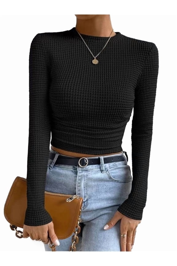 Women'S Waffle Knit Tops Long Sleeve Shirts Casual Slim Fitted Crew Neck Pullover Shirts Black L