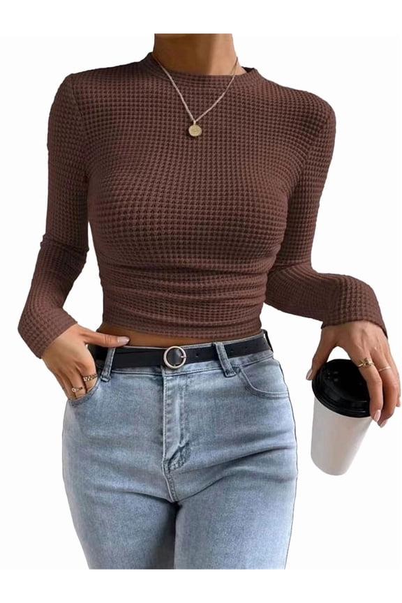 Women'S Waffle Knit Tops Long Sleeve Shirts Casual Slim Fitted Crew Neck Pullover Shirts Coffee Color S