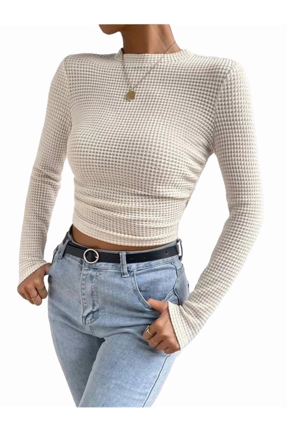 Women'S Waffle Knit Tops Long Sleeve Shirts Casual Slim Fitted Crew Neck Pullover Shirts  M