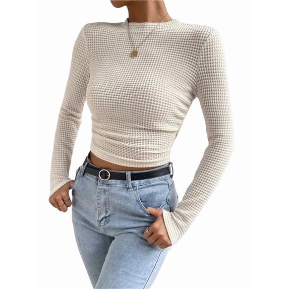 Women'S Waffle Knit Tops Long Sleeve Shirts Casual Slim Fitted Crew Neck Pullover Shirts S