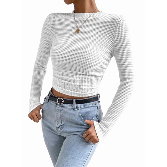 Women'S Waffle Knit Tops Long Sleeve Shirts Casual Slim Fitted Crew Neck Pullover Shirts White M