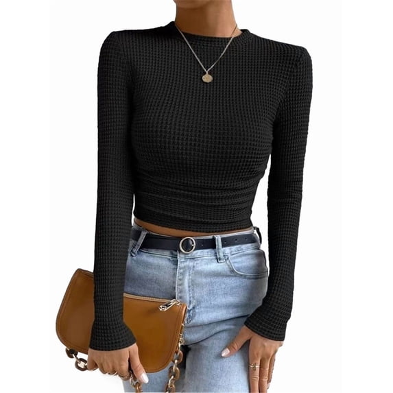 Women'S Waffle Knit Tops Long Sleeve Shirts Casual Slim Fitted Crew Neck Pullover Shirts