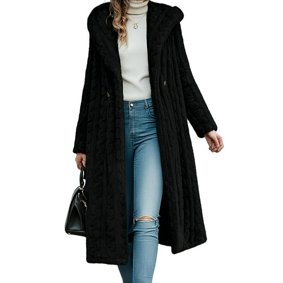 Women'S Warm Fleece Long Sleeve V Neck Button Down Casual Jacket Hooded Cardigan Fall Winter Coats Black M