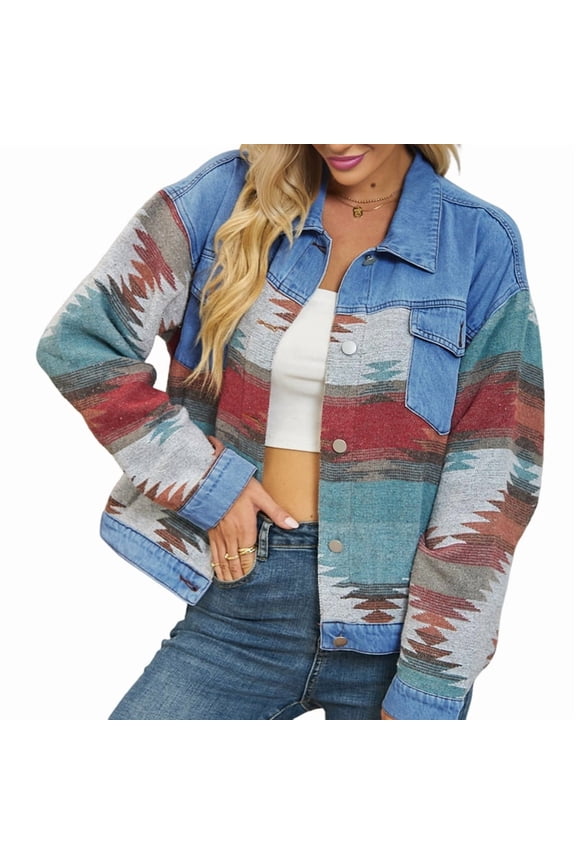 Women'S Washed Colorblock Denim Cropped Top Fashion Lapel Long Sleeve Retro Button Denim Jacket Color M