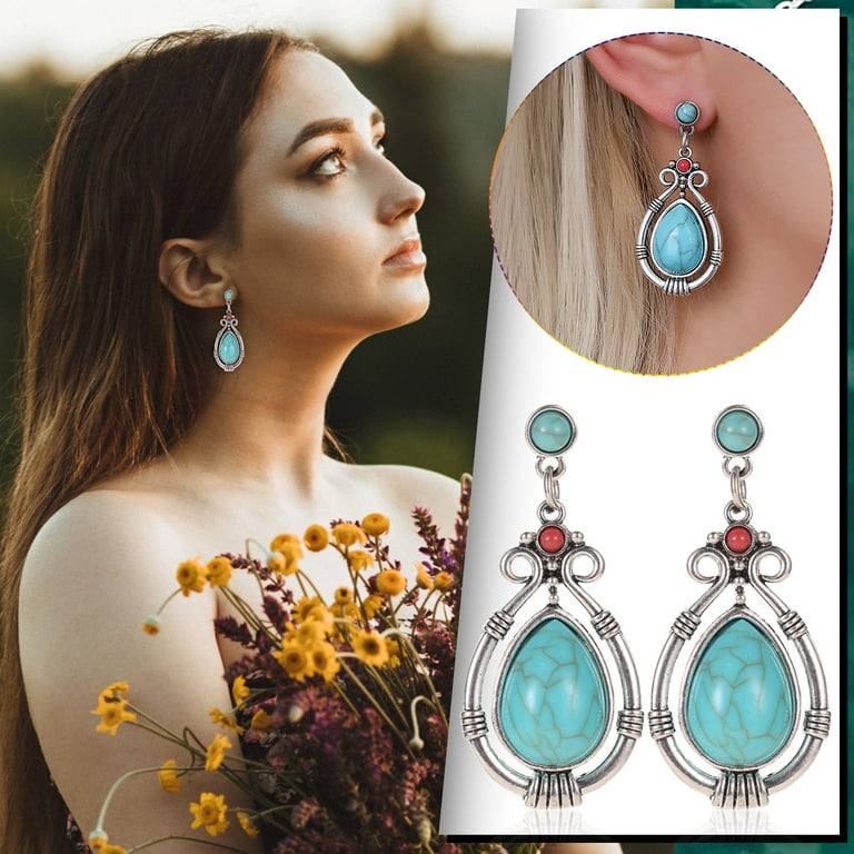 Women S Water Drop Geometric Turquoise Earrings Vintage Temperament Gemstone Earrings Star Hoop Earrings Stub Earrings Earring Jackets for Studs Rainbow Earrings Chain Earring Cute Dangling Earrings W...