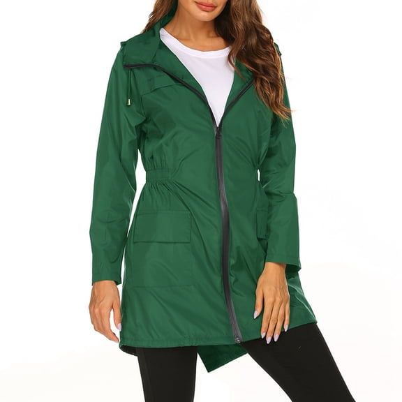 Women'S Waterproof Rain Jacket Mid Long Zip Front Outdoor Hooded Raincoat Grass Green L
