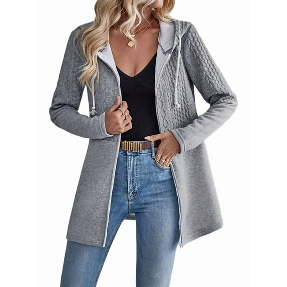 Women'S Wavy Textured Hooded Jacket Solid Color Patchwork Casual Loose Fit Zip-Up Gray L