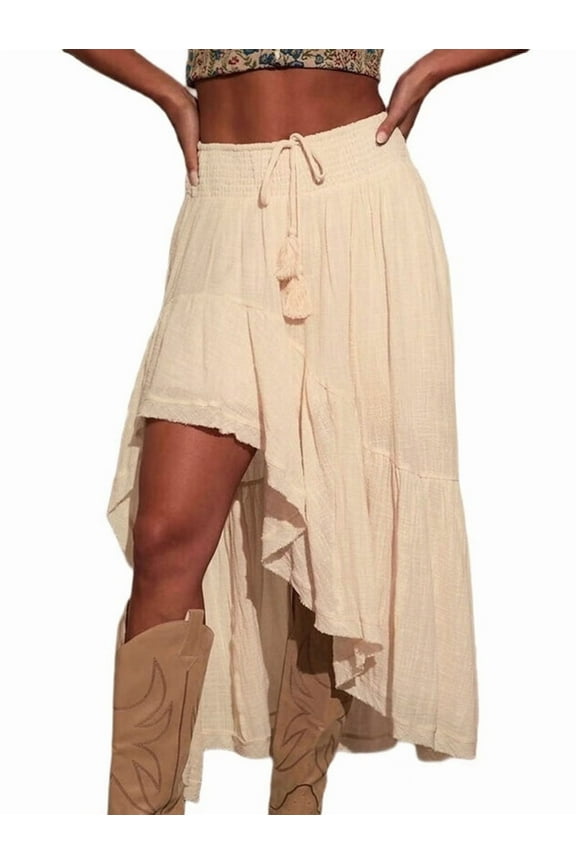 Women'S Western Bohemian Maxi Dress Summer Casual Asymmetrical High-Low Hem Country Denim Skirt Half Skirt White L