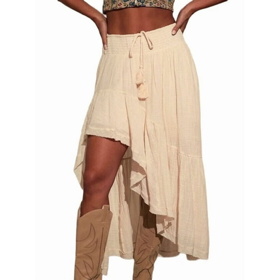 Women'S Western Bohemian Maxi Dress Summer Casual Asymmetrical High-Low Hem Country Denim Skirt Half Skirt White S