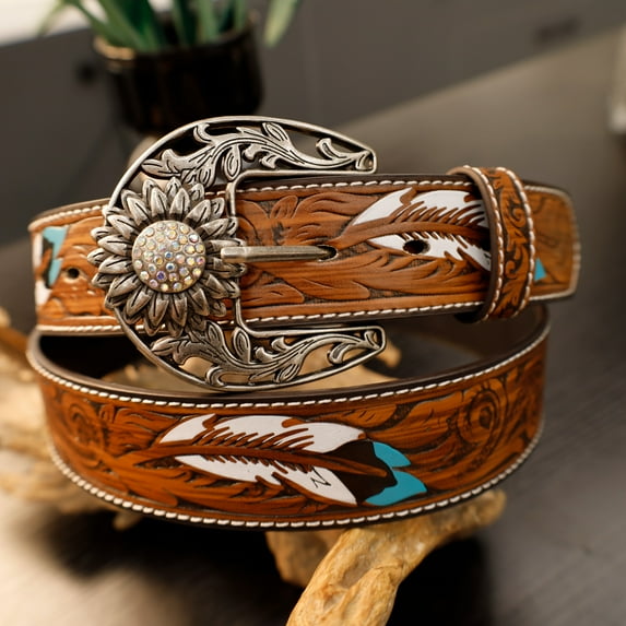 Women'S Western Cowboy Sunflower Buckle Belt, Genuine Faux Leather with Rhinestone and Alloy Accents, Vintage Style, Adjustable, for Casual Outings and Festive Occasions