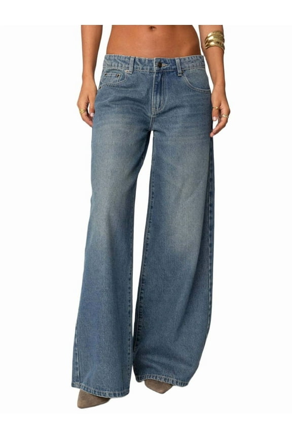 Women's Adjustable Wasit Baggy Jeans with Snap-Button Waistband Wide Straight Leg Low Rise Jeans Denim Pants Y2K Trousers