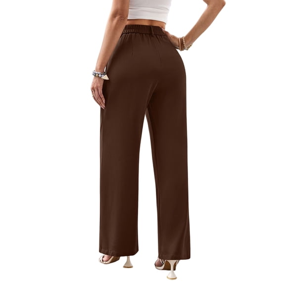 Women'S Wide Leg Dress Pants High Waisted Trousers Business Casual Slacks Button Palazzo Pant Brown L
