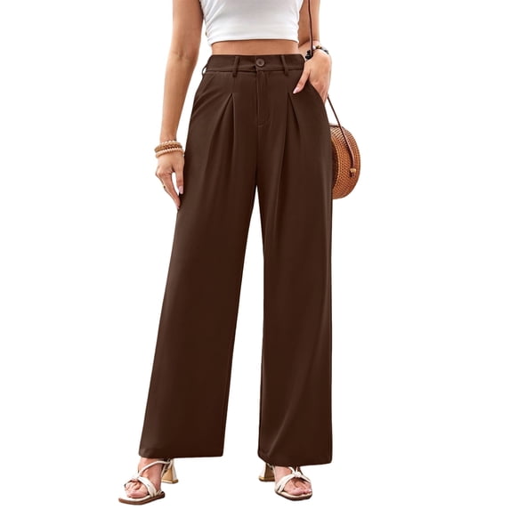 Women'S Wide Leg Dress Pants High Waisted Trousers Business Casual Slacks Button Palazzo Pant Brown M