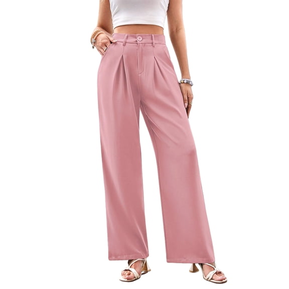 Women'S Wide Leg Dress Pants High Waisted Trousers Business Casual Slacks Button Palazzo Pant Pink L