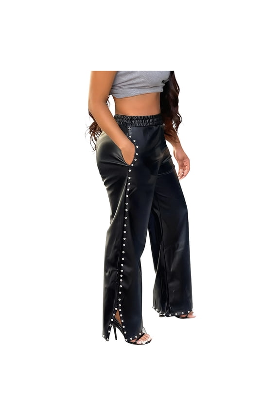 Women'S Wide Leg Faux Leather Pants Rivets Pearls Elastic High Waist Baggy Trousers Plus Size Split Hem Pu Pants With Pockets