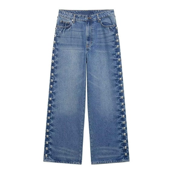 Women'S Wide-Leg High-Waist Straight-Leg Jeans with Side Rivet Fashionable and Versatile Party Jeans Blue S