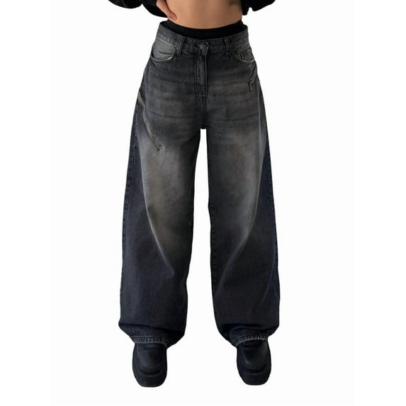 Women'S Wide Leg Jeans Distress Mid Waist Denim Pants Vintage Y2K Trousers Black L