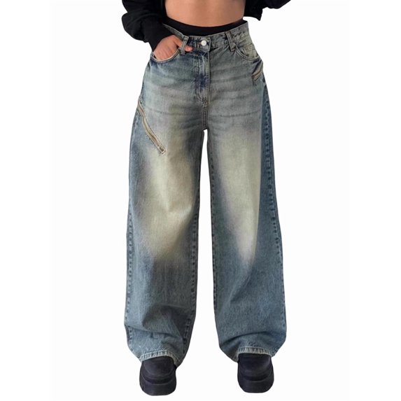 Women'S Wide Leg Jeans Distress Mid Waist Denim Pants Vintage Y2K Trousers Nostalgic Blue M