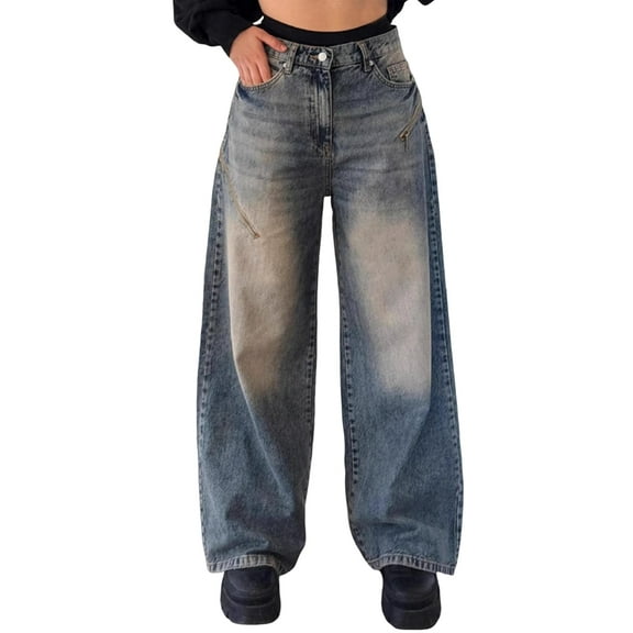 Women'S Wide Leg Jeans Distress Mid Waist Denim Pants Vintage Y2K Trousers Retro Blue M