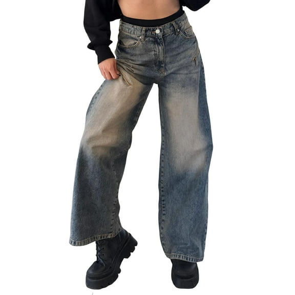 Women'S Wide Leg Jeans Distress Mid Waist Denim Pants Vintage Y2K Trousers Retro Blue S