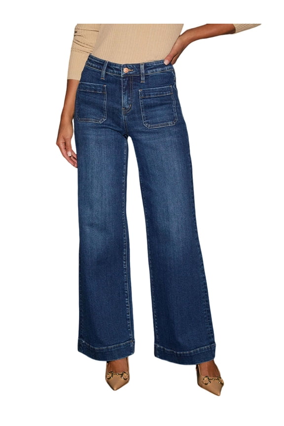 Women'S Wide Leg Jeans High Waisted Straight Leg Stretchy Denim Pants with Pockets Dark Blue M