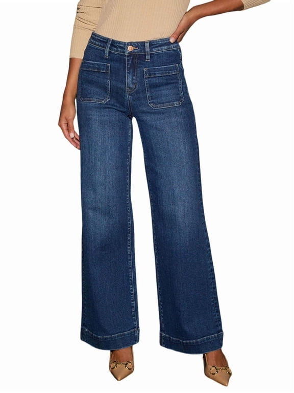 Women'S Wide Leg Jeans High Waisted Straight Leg Stretchy Denim Pants with Pockets Dark Blue M