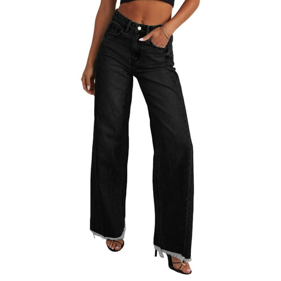 Women'S Wide Leg Jeans High Waisted Strechy Raw Hem Pants Black XL