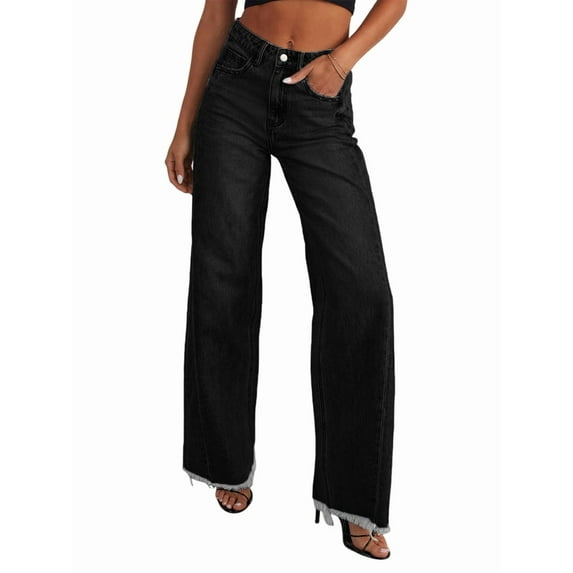 Women'S Wide Leg Jeans High Waisted Strechy Raw Hem Pants Black XXL
