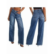 Women'S Wide Leg Jeans High Waisted Strechy Raw Hem Pants Dark Blue M