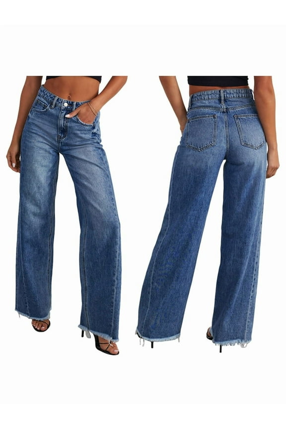 Women'S Wide Leg Jeans High Waisted Strechy Raw Hem Pants Dark Blue M