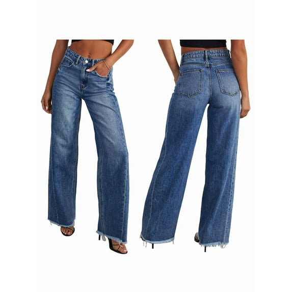 Women'S Wide Leg Jeans High Waisted Strechy Raw Hem Pants Dark Blue M