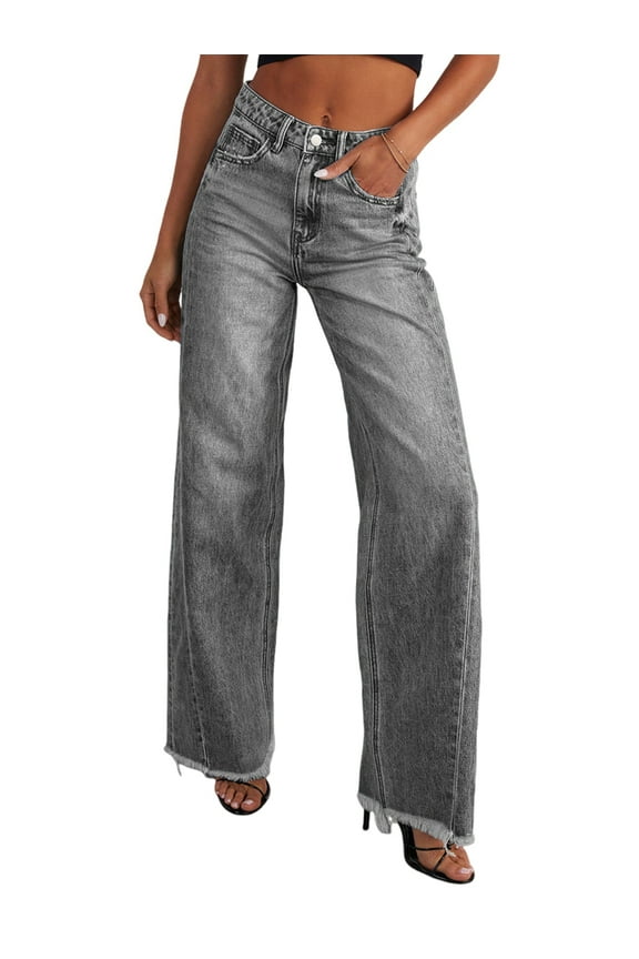 Women'S Wide Leg Jeans High Waisted Strechy Raw Hem Pants Grey XL