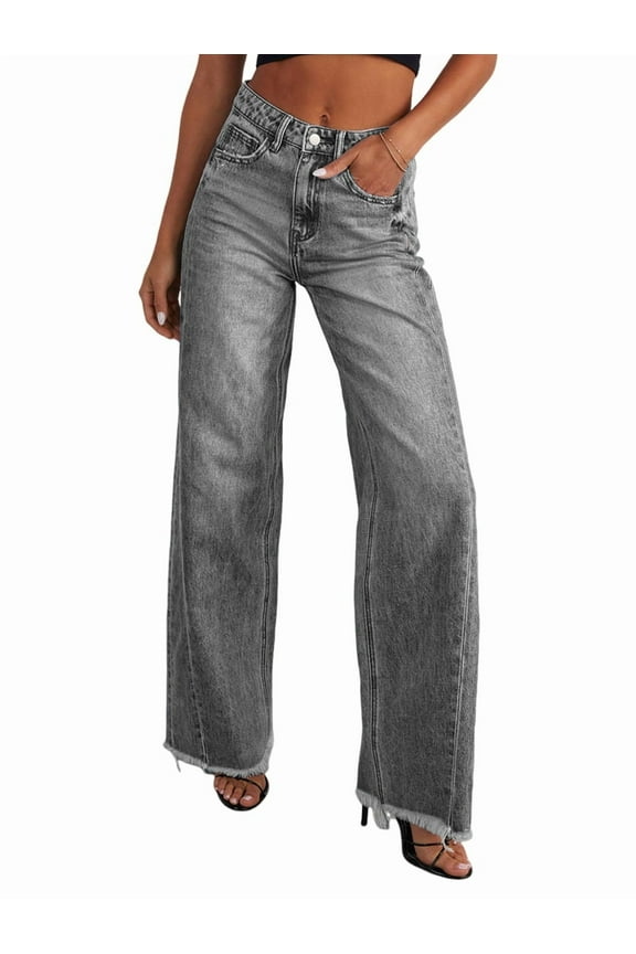 Women'S Wide Leg Jeans High Waisted Strechy Raw Hem Pants Grey XXL