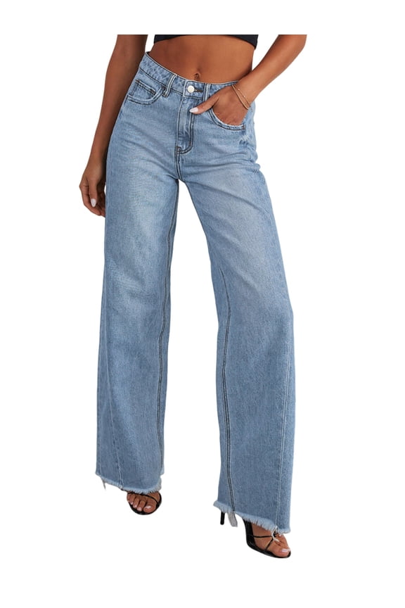 Women'S Wide Leg Jeans High Waisted Strechy Raw Hem Pants Light Blue S