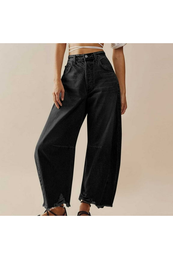 Women'S Wide Leg Jeans High Waisted Stretchy Straight Leg Jeans Buttoned Zipper Loose Denim Pants With Pocket Black M
