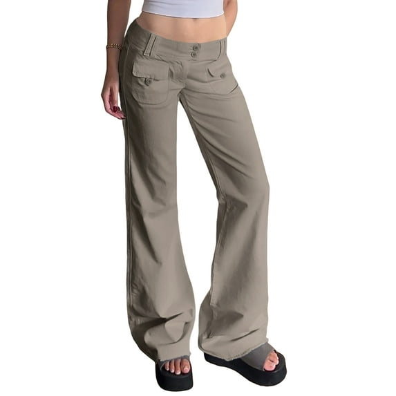 Women'S Wide Leg Jeans Low Waist Causal Straight Leg Business Cargo Pants Khaki M