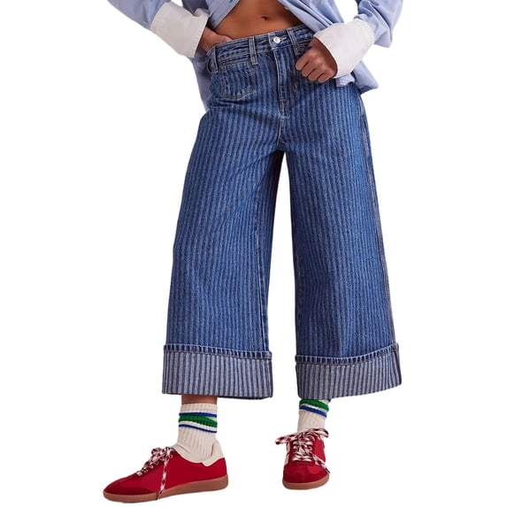 Women'S Wide Leg Jeans Stretchy Straight Leg Jeans Buttoned Loose Denim Pants with Pocket Deep Blue L