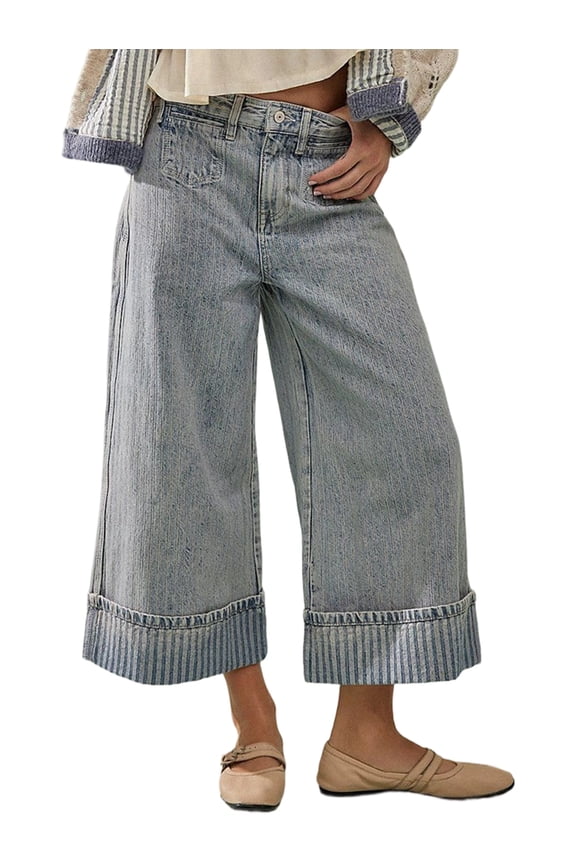 Women'S Wide Leg Jeans Stretchy Straight Leg Jeans Buttoned Loose Denim Pants with Pocket Light Blue L