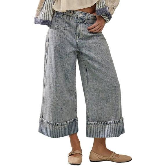 Women'S Wide Leg Jeans Stretchy Straight Leg Jeans Buttoned Loose Denim Pants with Pocket Light Blue S